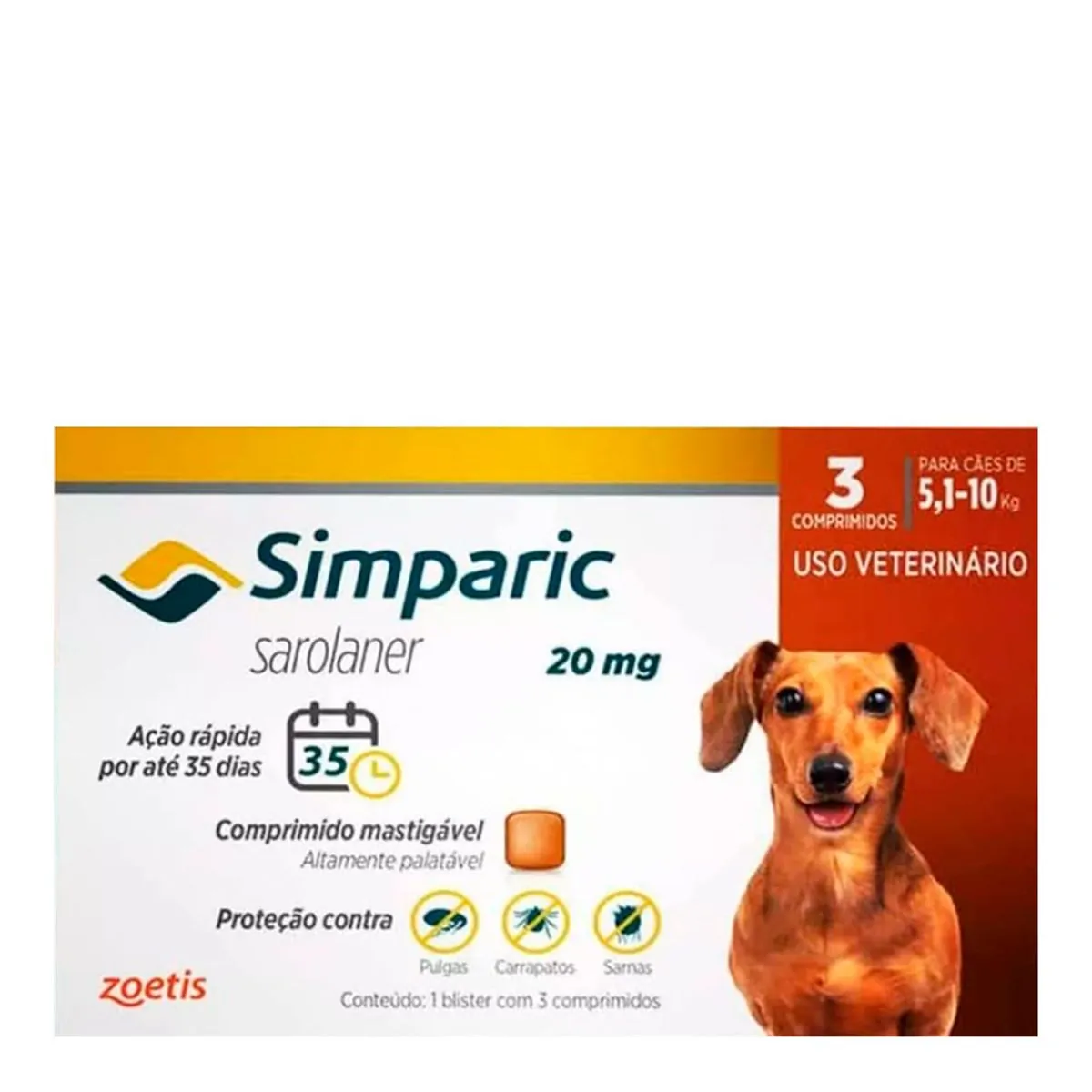 Antipulgas Simparic 5,1 à 10kg Zoetis 20mg 3 Comprimidos