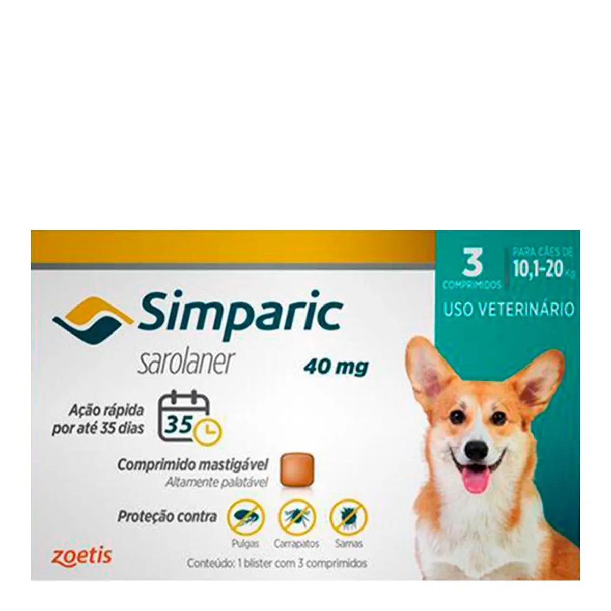 Antipulgas Simparic 10,1 à 20kg Zoetis 40mg 3 Comprimidos