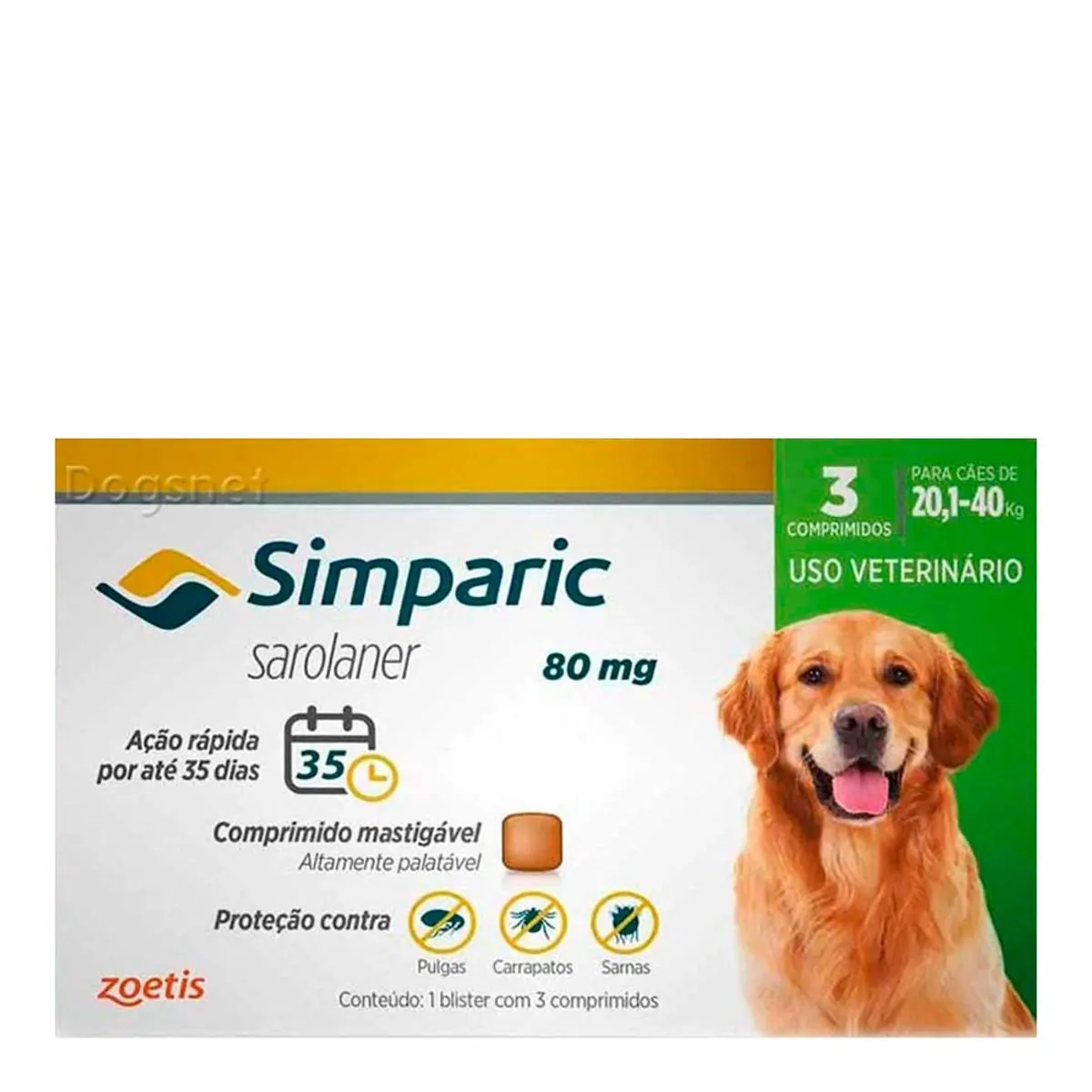 Antipulgas Simparic 20,1 à 40kg Zoetis 80mg 3 Comprimidos