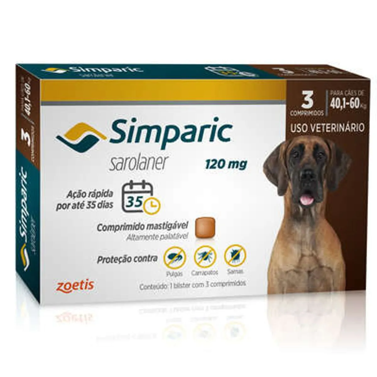 Antipulgas Cães Simparic 120mg 40,1 à 60kg Zoetis 3 Comprimidos