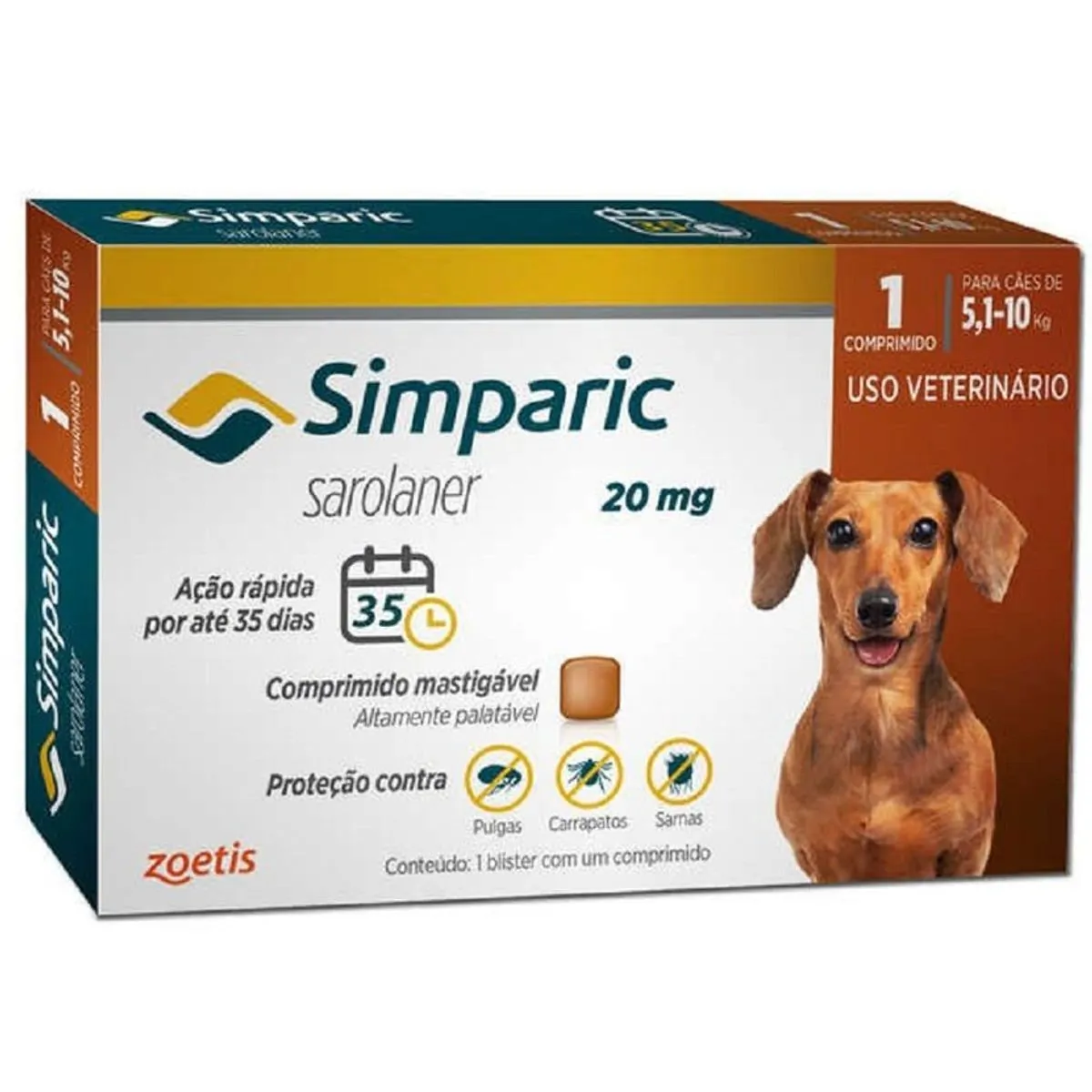 Antipulgas Simparic 5,1 à 10kg Zoetis 20mg 1 Comprimido