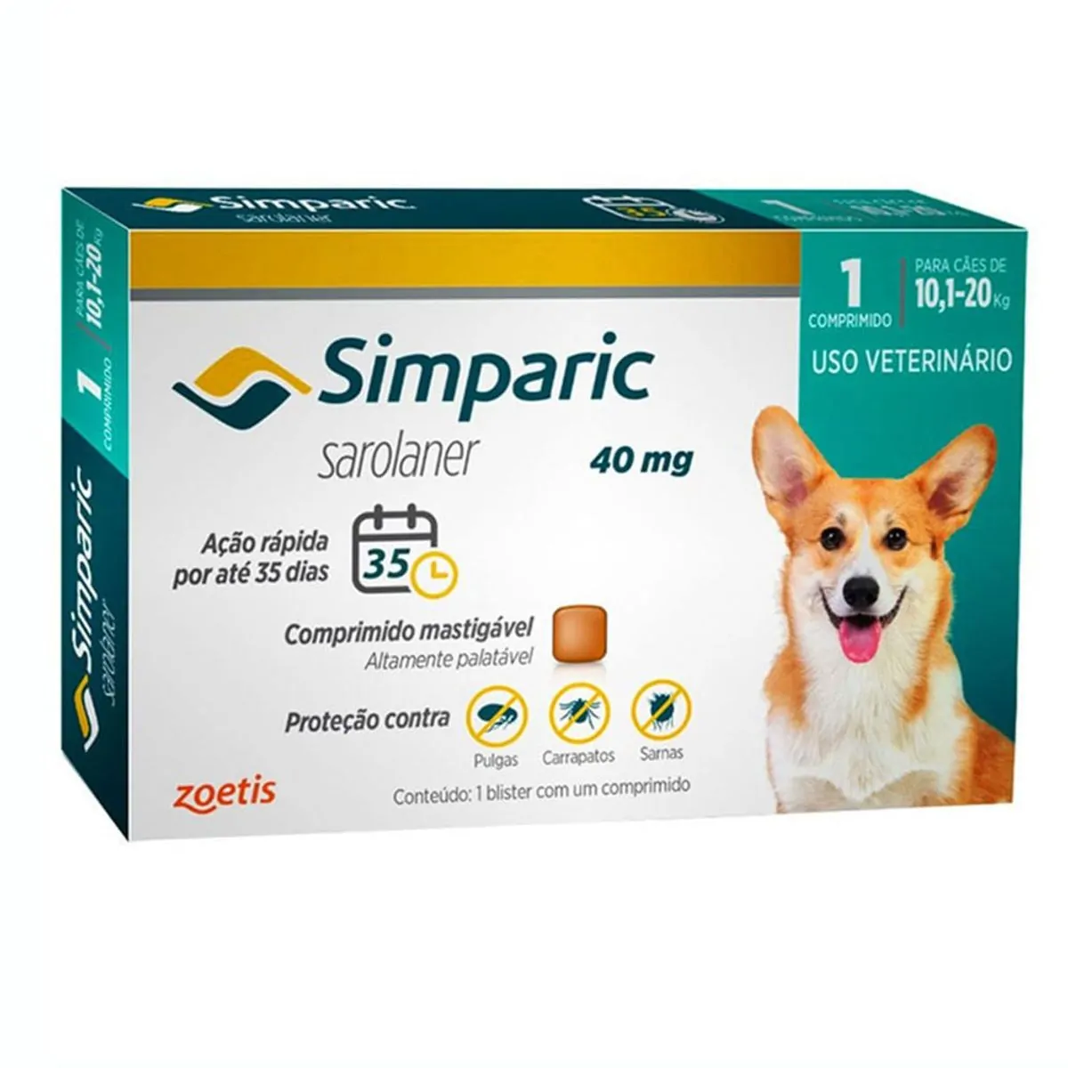 Antipulgas Simparic 10,1 à 20kg Zoetis 40mg 1 Comprimido