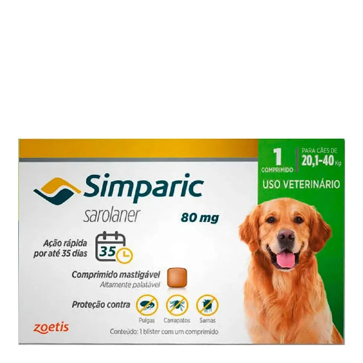 Antipulgas Simparic 20,1 à 40kg Zoetis 80mg 1 Comprimido