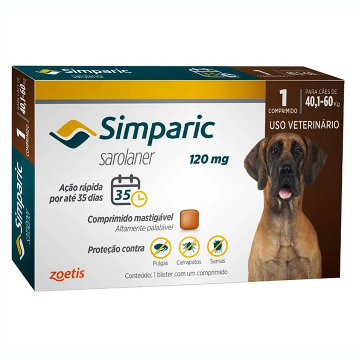 Antipulgas Cães Simparic 120mg 40,1 à 60kg Zoetis 1 Comprimido