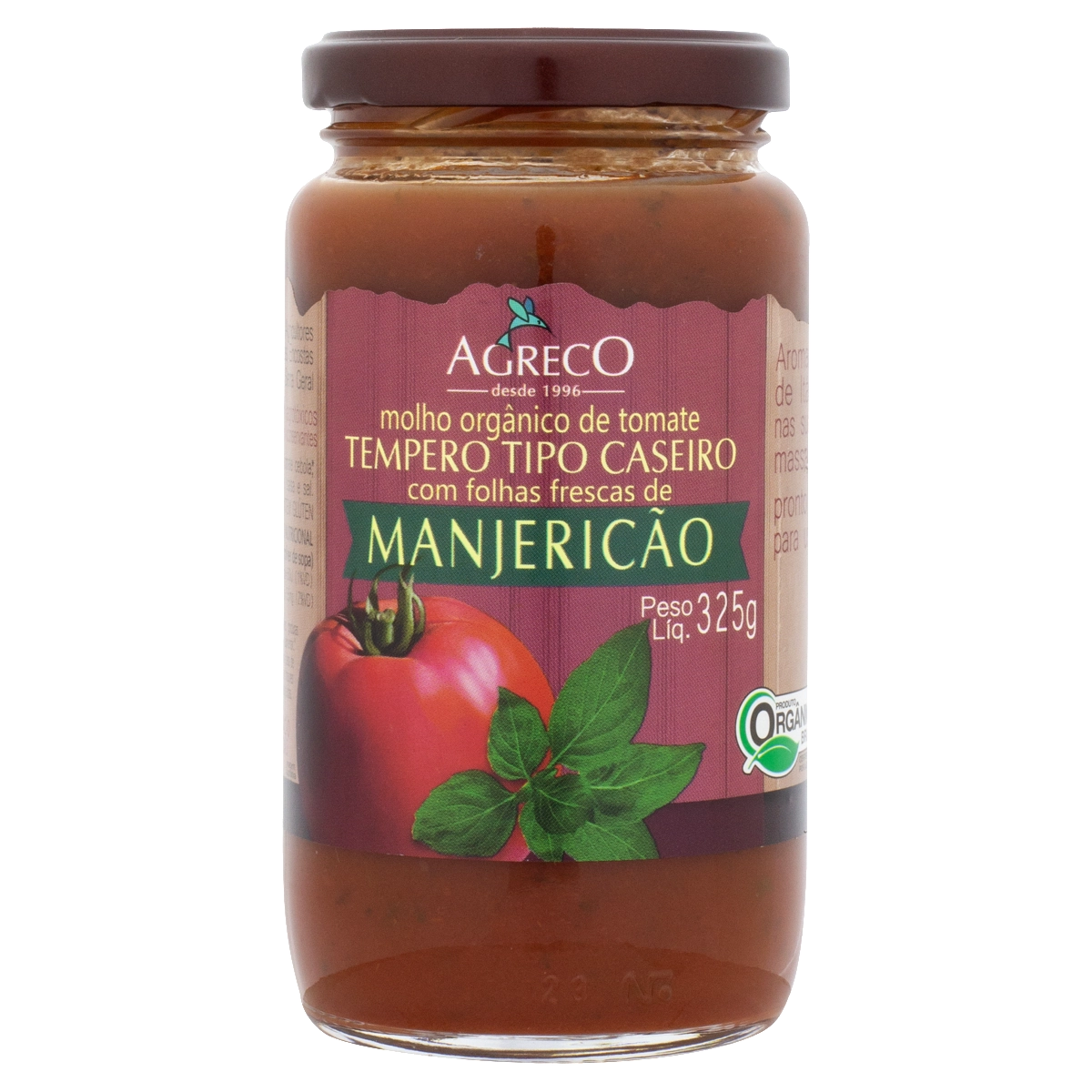 Molho De Tomate Orgânico Manjericão Agreco Vidro 325g