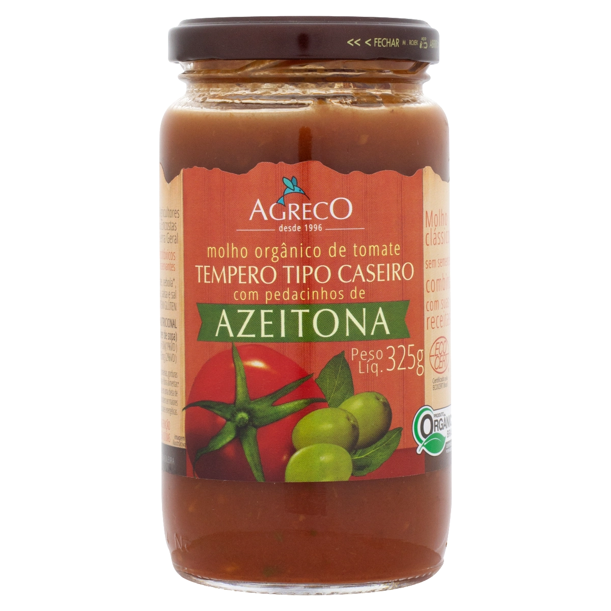 Molho De Tomate Orgânico Azeitona Agreco Vidro 325g