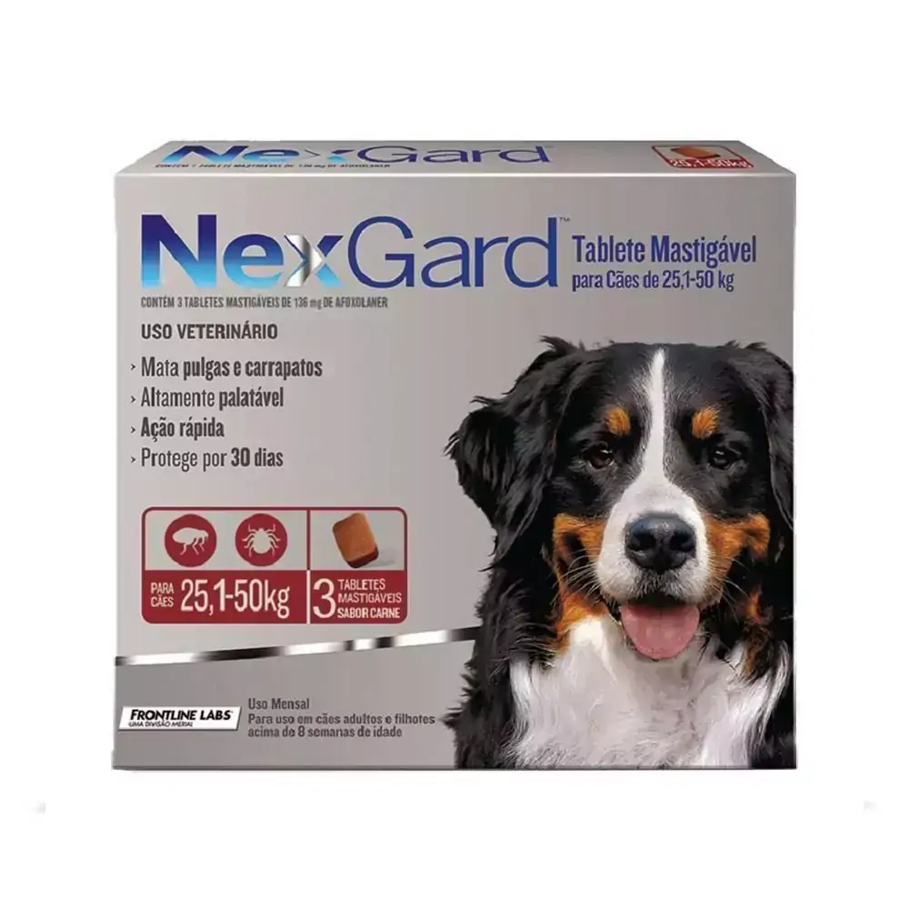 Antipulgas e Carrapatos NexGard para Cães de 25,1 a 50kg 3 tabletes