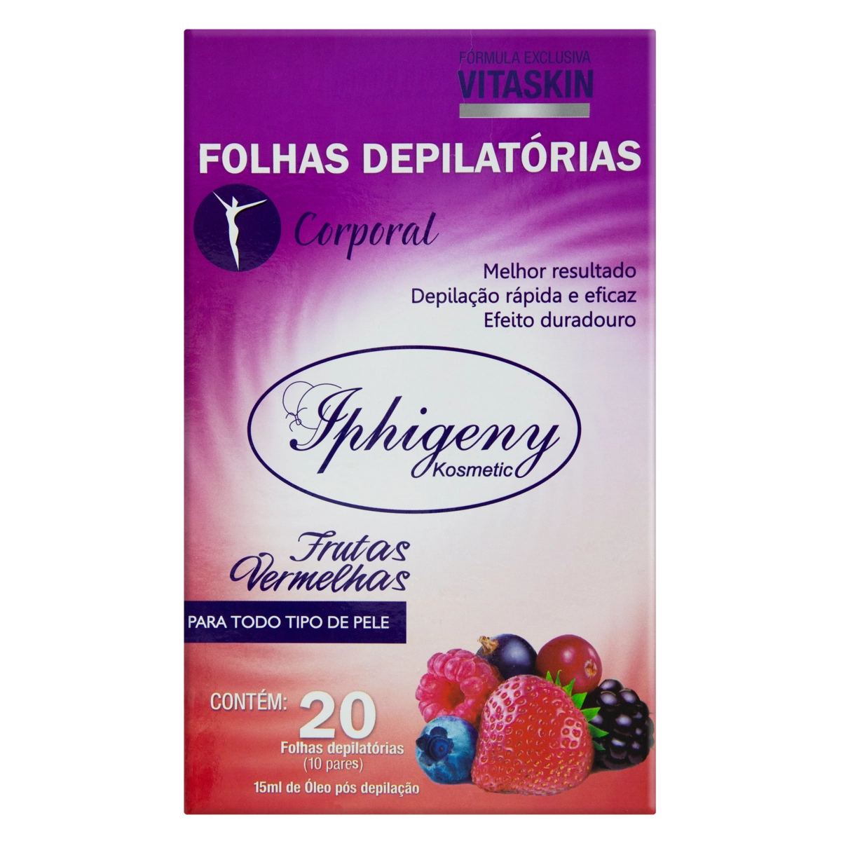 Kit 20 Folhas Depilatórias 1 óleo Pós Depilação Corporal Frutas Vermelhas 15ml Iphigeny Kosmetic