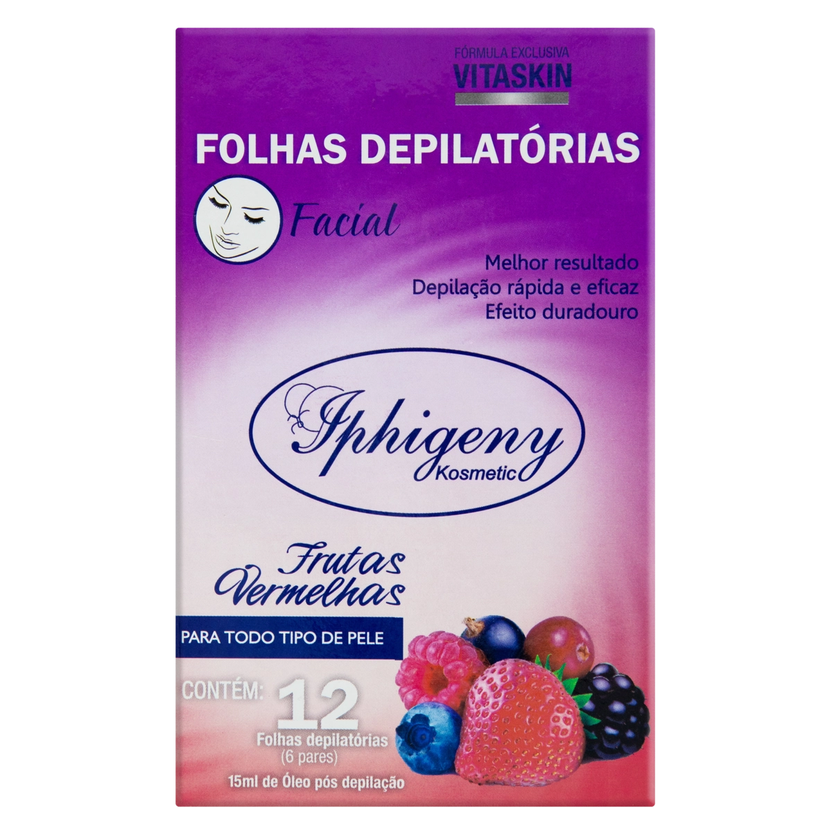 Kit 12 Folhas Depilatórias 1 óleo Pós Depilação Facial Frutas Vermelhas 15ml Iphigeny Kosmetic