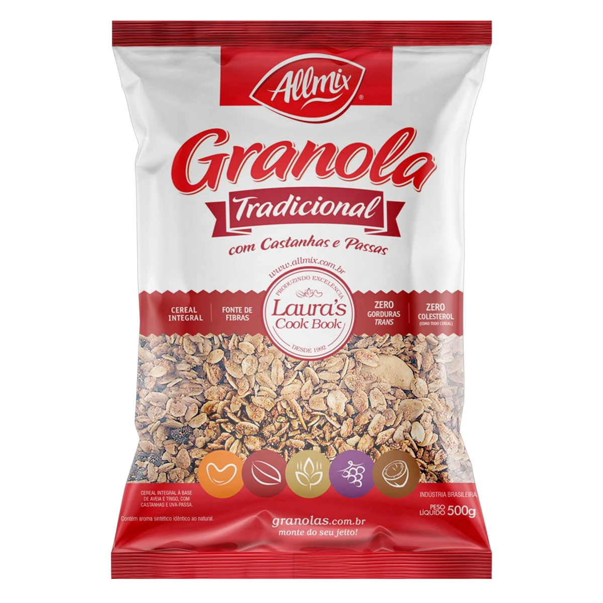 Granola Tradicional Com Castanhas E Passas Allmix Pacote 500g