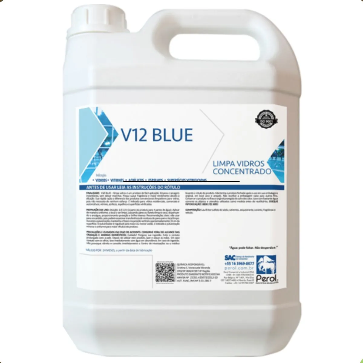 Limpa Vidros V12 Blue - Limpador Concentrado Exclusivo Para Vidros - Perol - 5 Litros