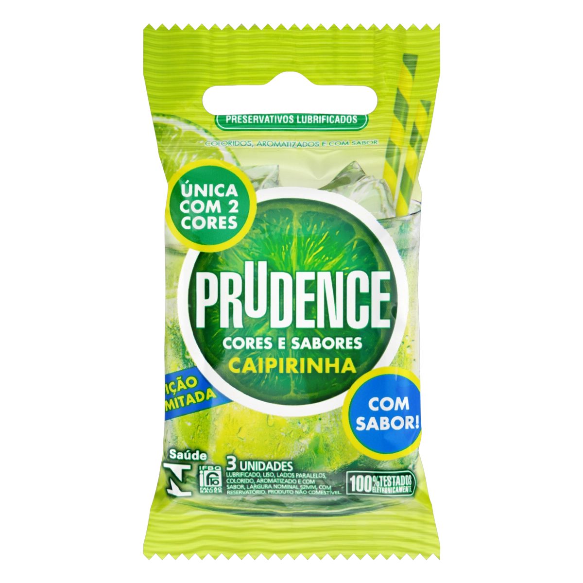 Preservativo Masculino Lubrificado Caipirinha Prudence Cores E Sabores Pacote 3 Unidades