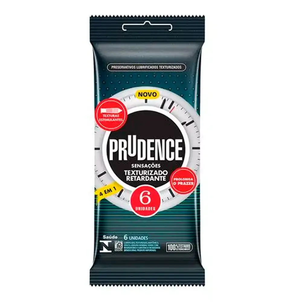 Preservativo Masculino Lubrificado Texturizado Retardante Prudence Sensações Pacote 6 Unidades