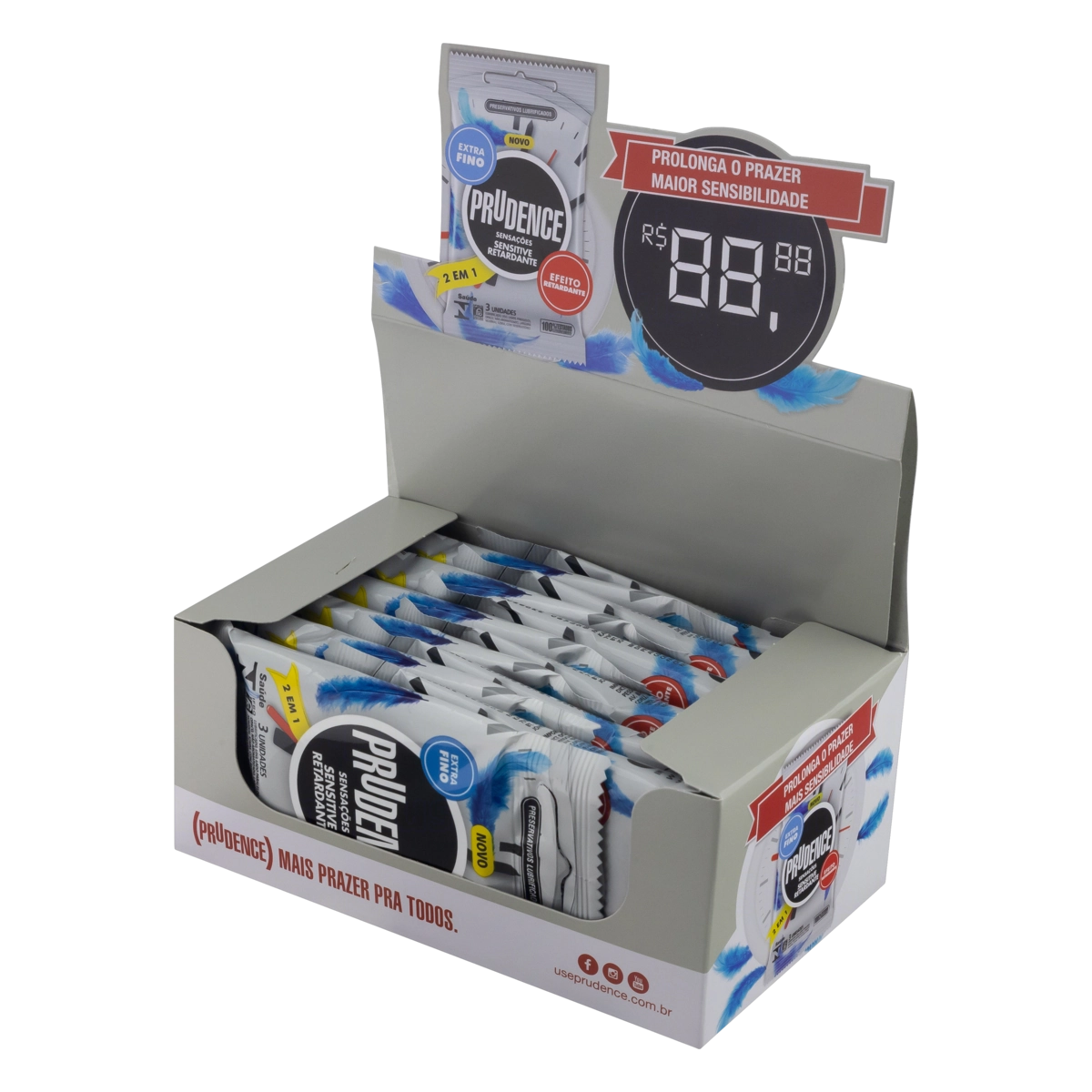 Pack Preservativo Masculino Lubrificado Sensitive Retardante Prudence Sensações Caixa 12 Unidades