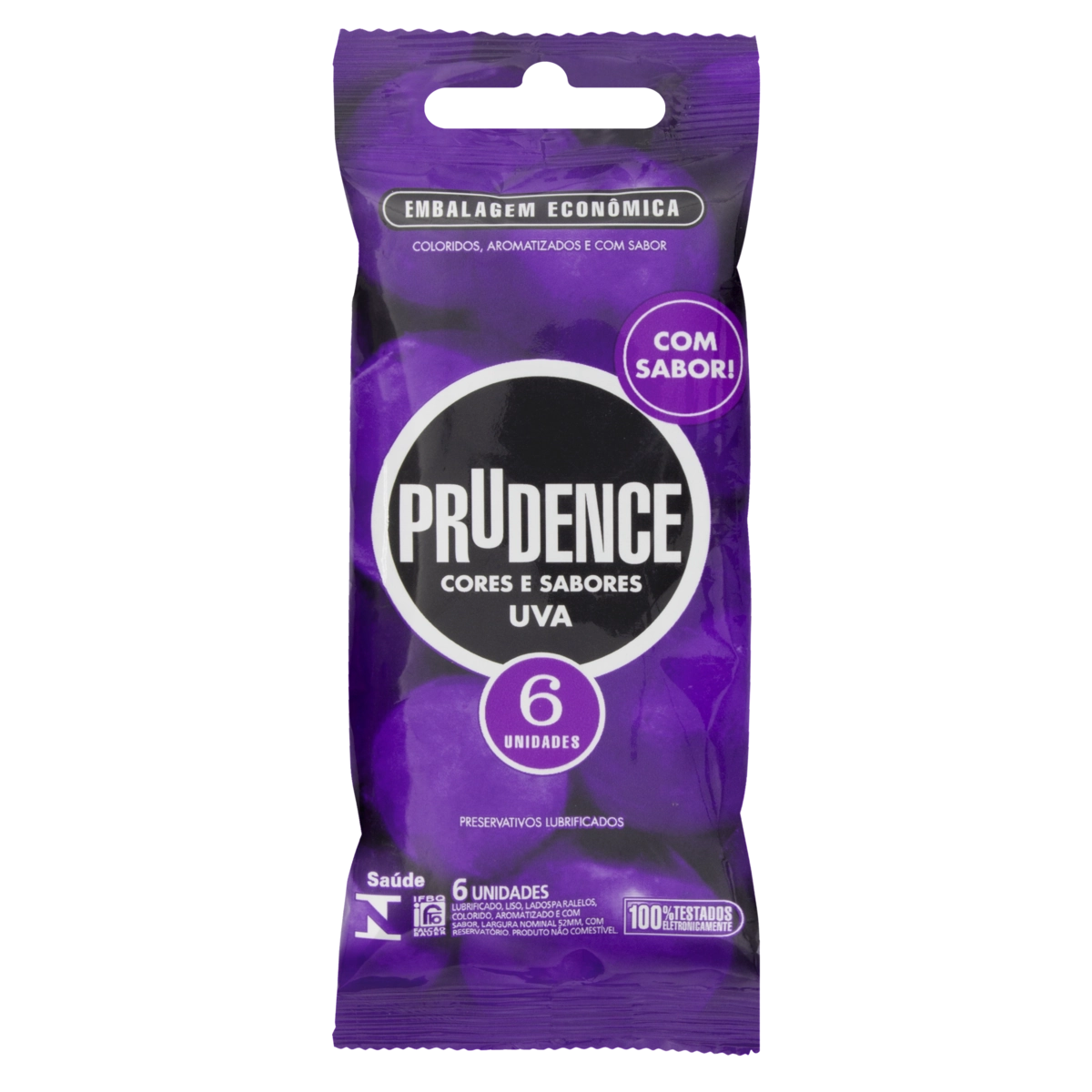 Preservativo Lubrificado Uva Prudence Cores E Sabores Pacote 6 Unidades Embalagem Econômica