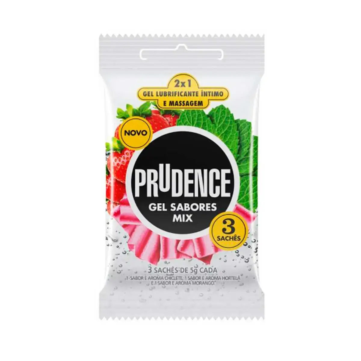 Lubrificante íntimo E Corporal Gel Mix Chiclete, Hortelã E Morango Prudence Sabores Pacote 3 Unidade