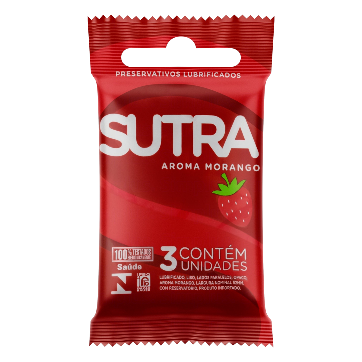 Preservativo Masculino Lubrificado Morango Sutra Pacote 3 Unidades