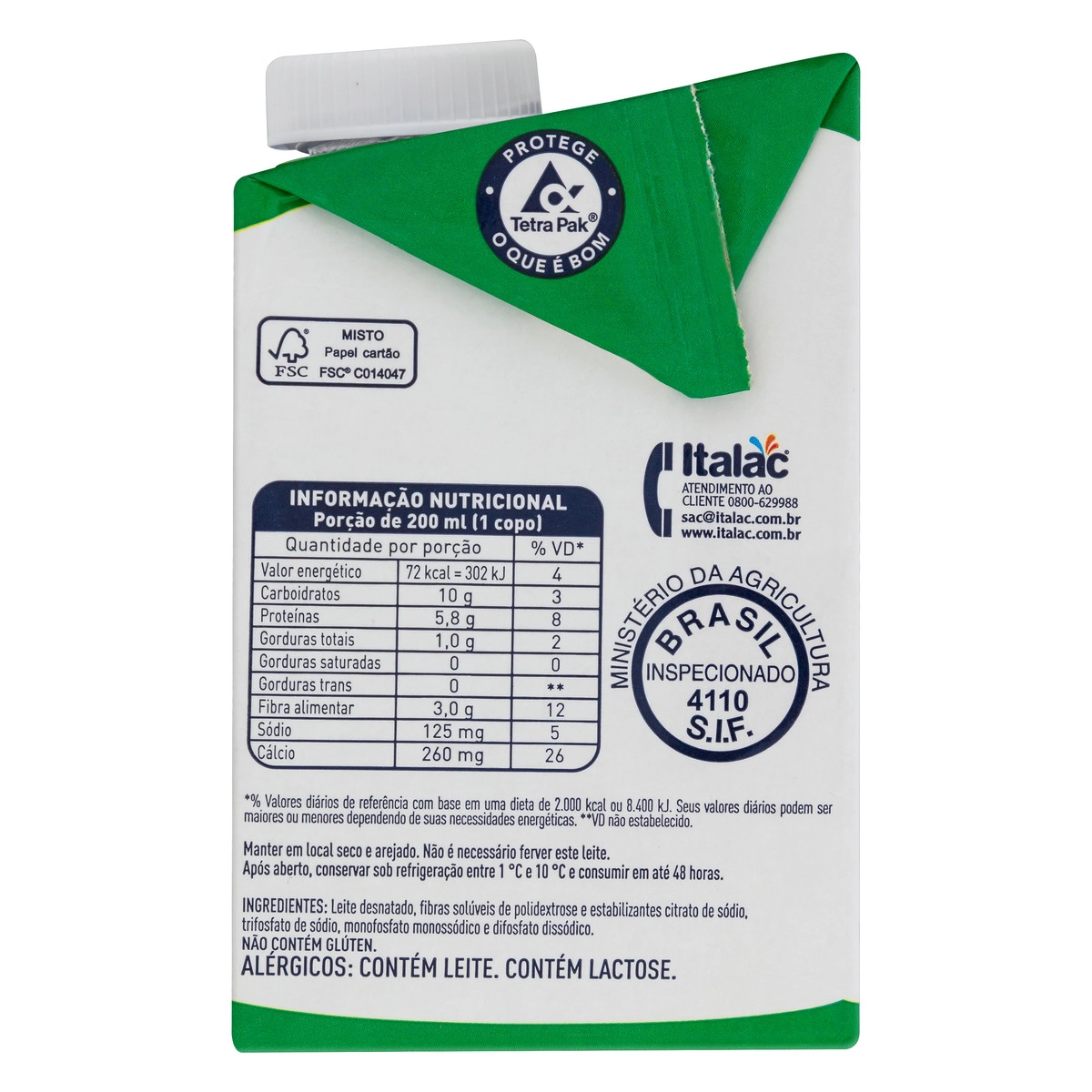 Leite L Vida 500ml Desnatado Italac Fibras