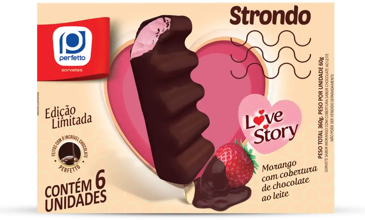 Pack Sorvete Morango Cobertura Chocolate Ao Leite Perfetto Strondo Love Story Caixa 360g 6 Unidades