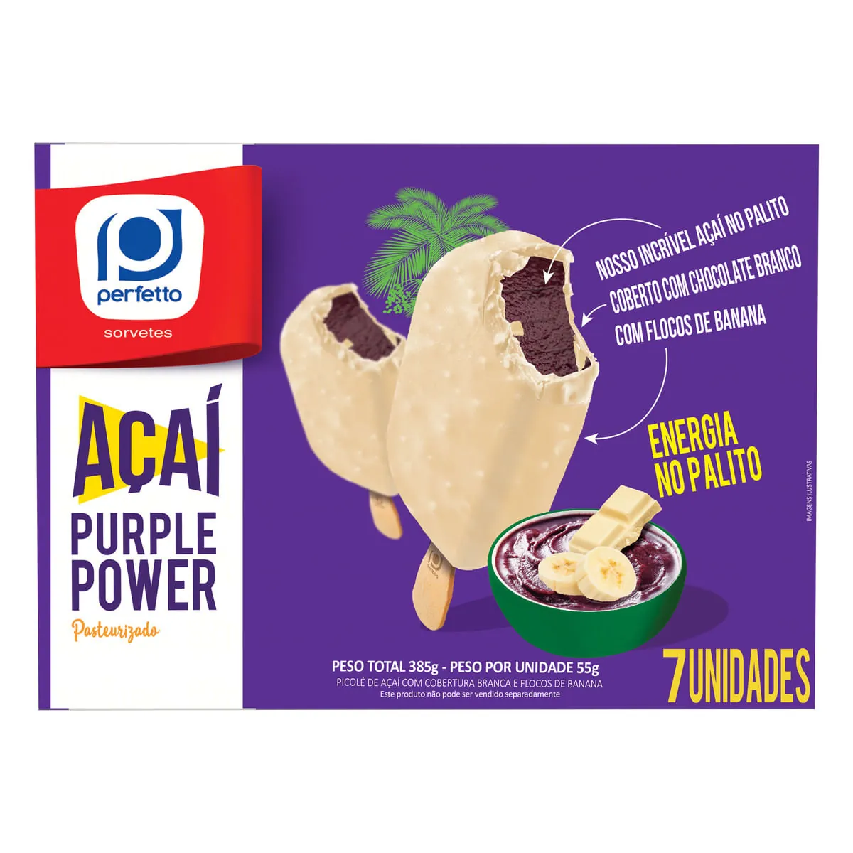 Pack Picolé Açaí Cobertura Chocolate Branco Com Flocos De Banana Perfetto Purple Power Caixa 385g 7