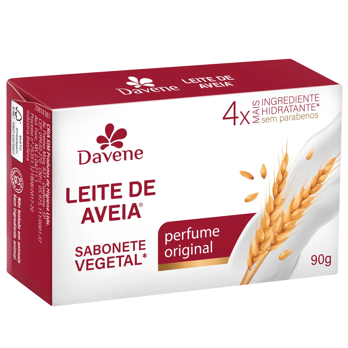Sabonete Barra Vegetal Perfume Original Davene Leite De Aveia Clássico Caixa 90g