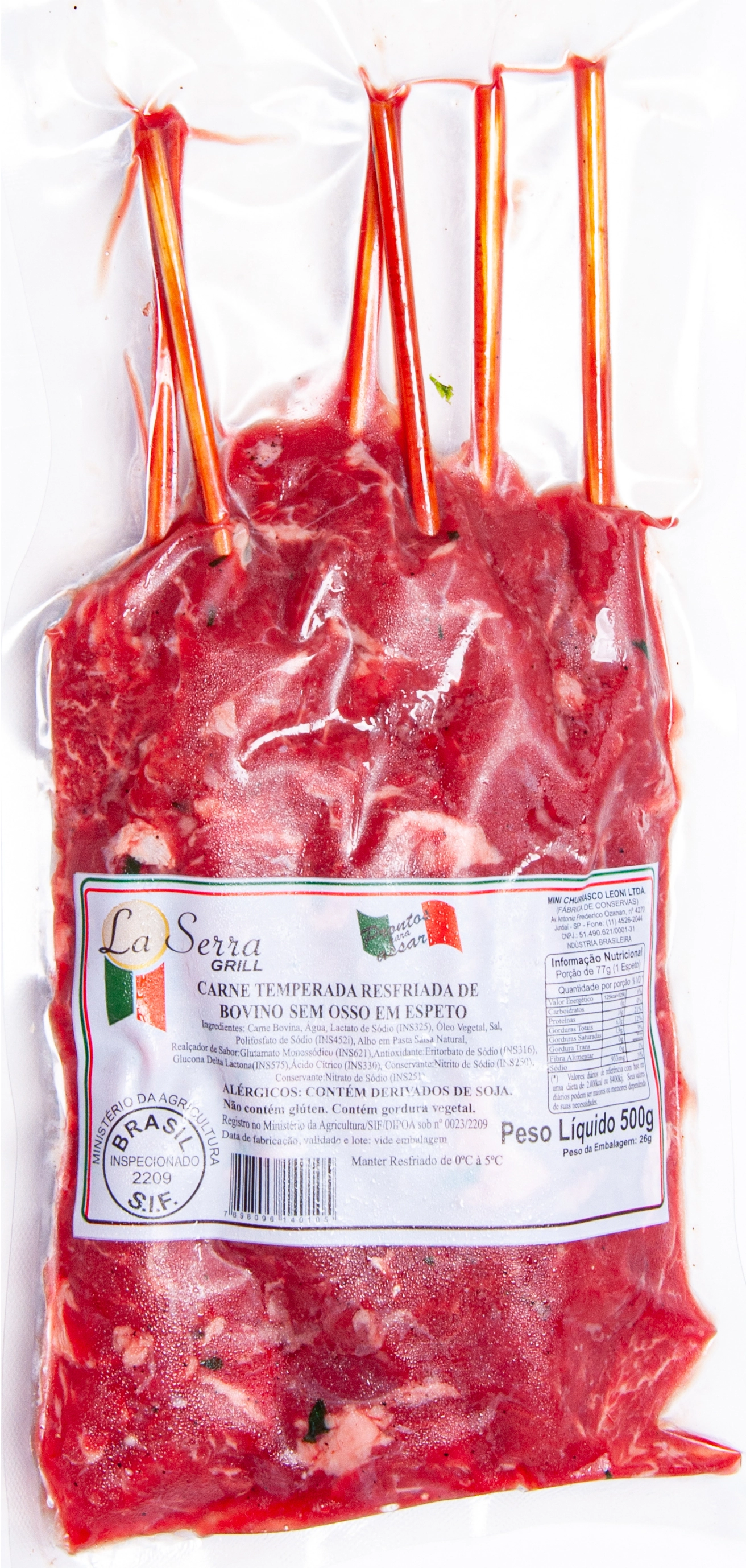 Espetinho De Carne Bovina Temperada Resfriada LA SERRA Pacote 500g