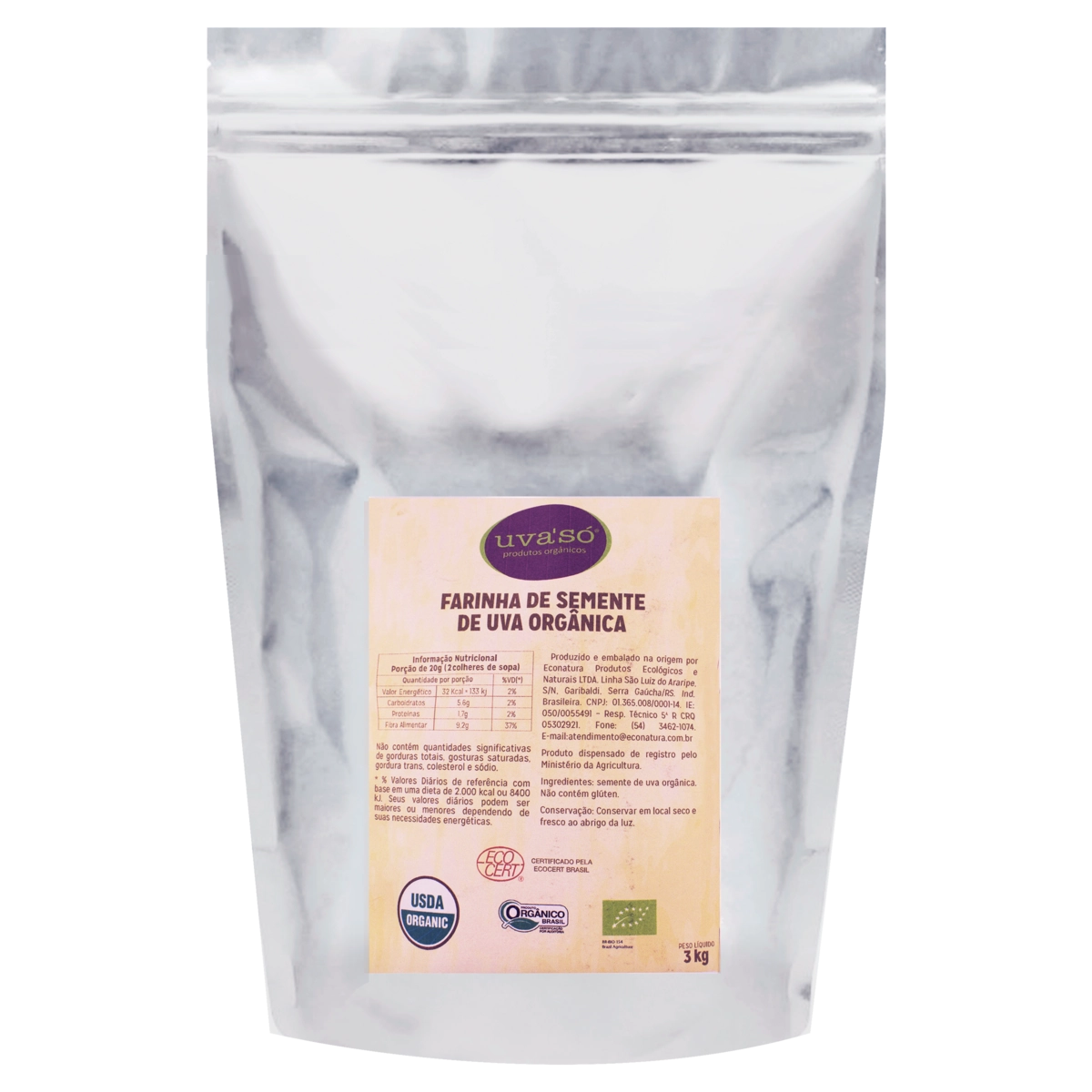 Farinha De Semente De Uva Integral Orgânica Uvasó Pacote 3kg