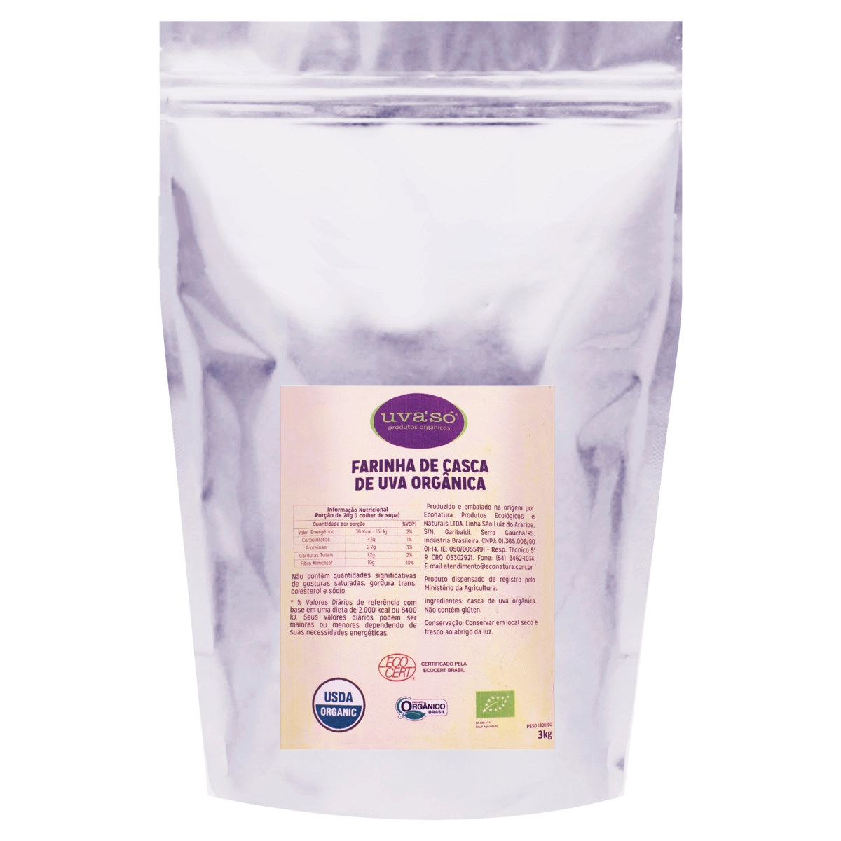 Farinha De Casca De Uva Integral Orgânica Uvasó Pacote 3kg