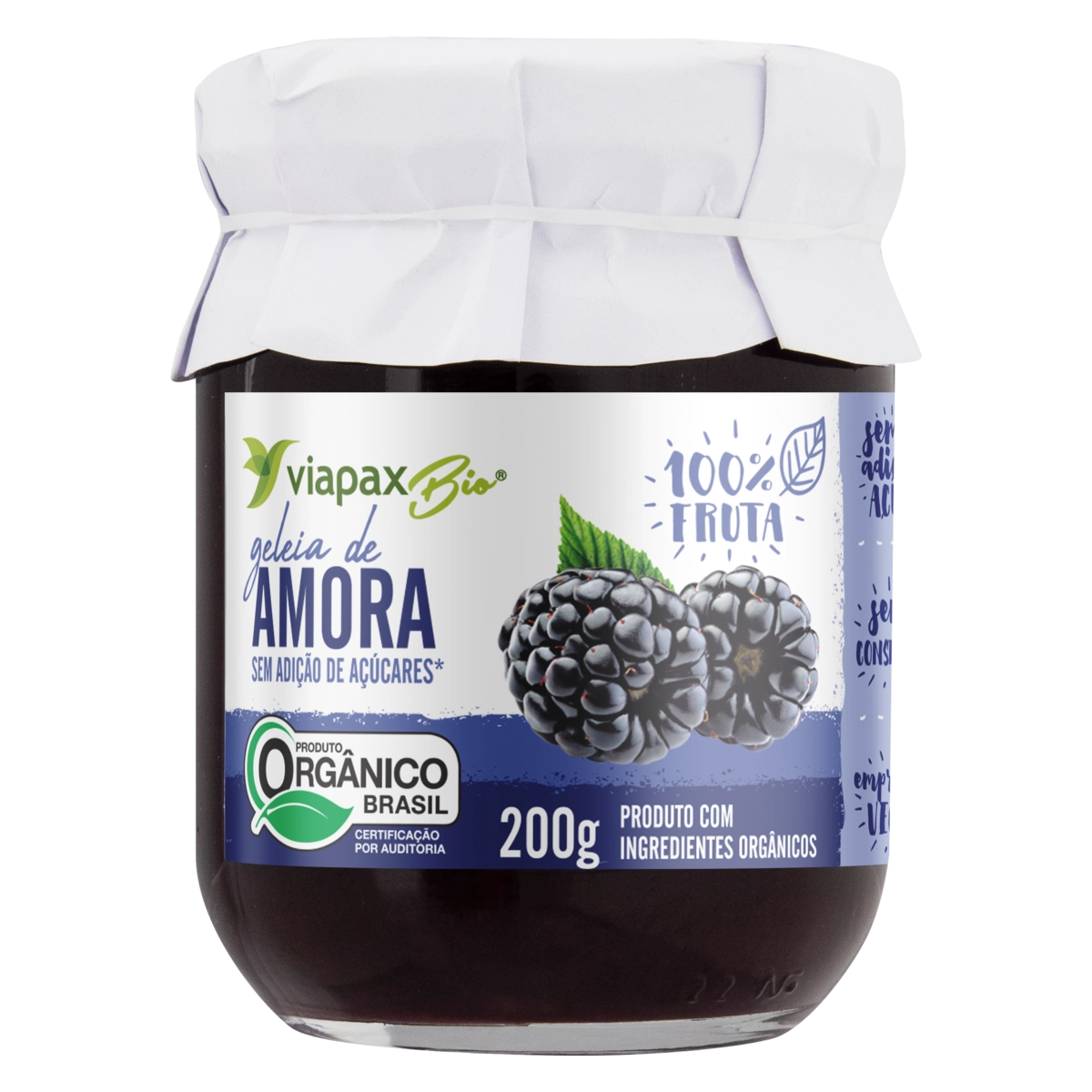 Geleia 100 Fruta Orgânica Amora Viapax Bio Vidro 200g