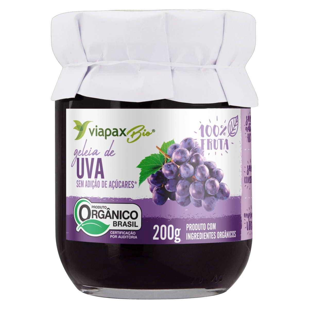 Geleia 100 Fruta Orgânica Uva Viapax Bio Vidro 200g