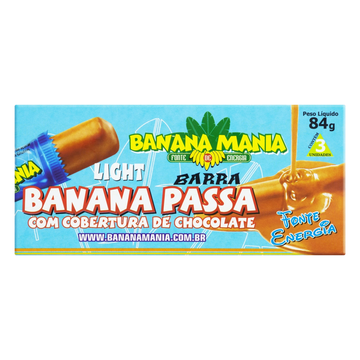 Pack Barra De Frutas Banana Passa Cobertura Chocolate Com Leite Diet Light Banana Mania Caixa 84g 3