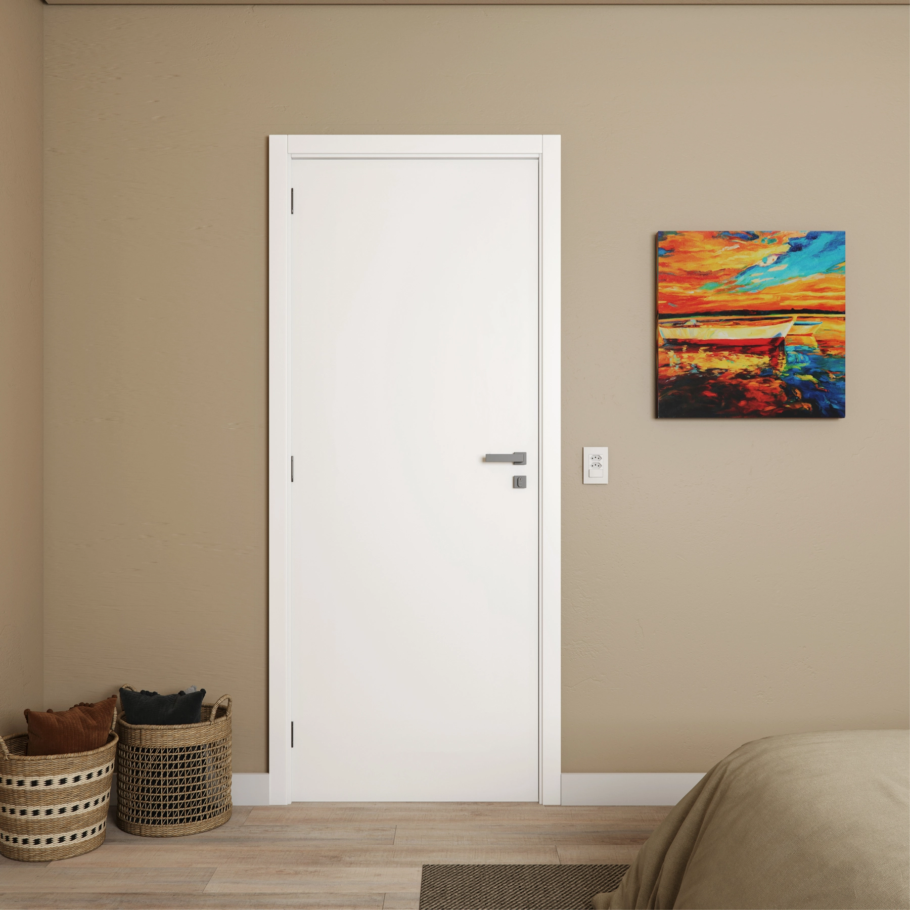 Kit Porta Madeira de Giro Direito|Esquerdo Branco 210x90cm Sarrafeada Batente 13 a 17cm Laca PU Lisa Ipumirim