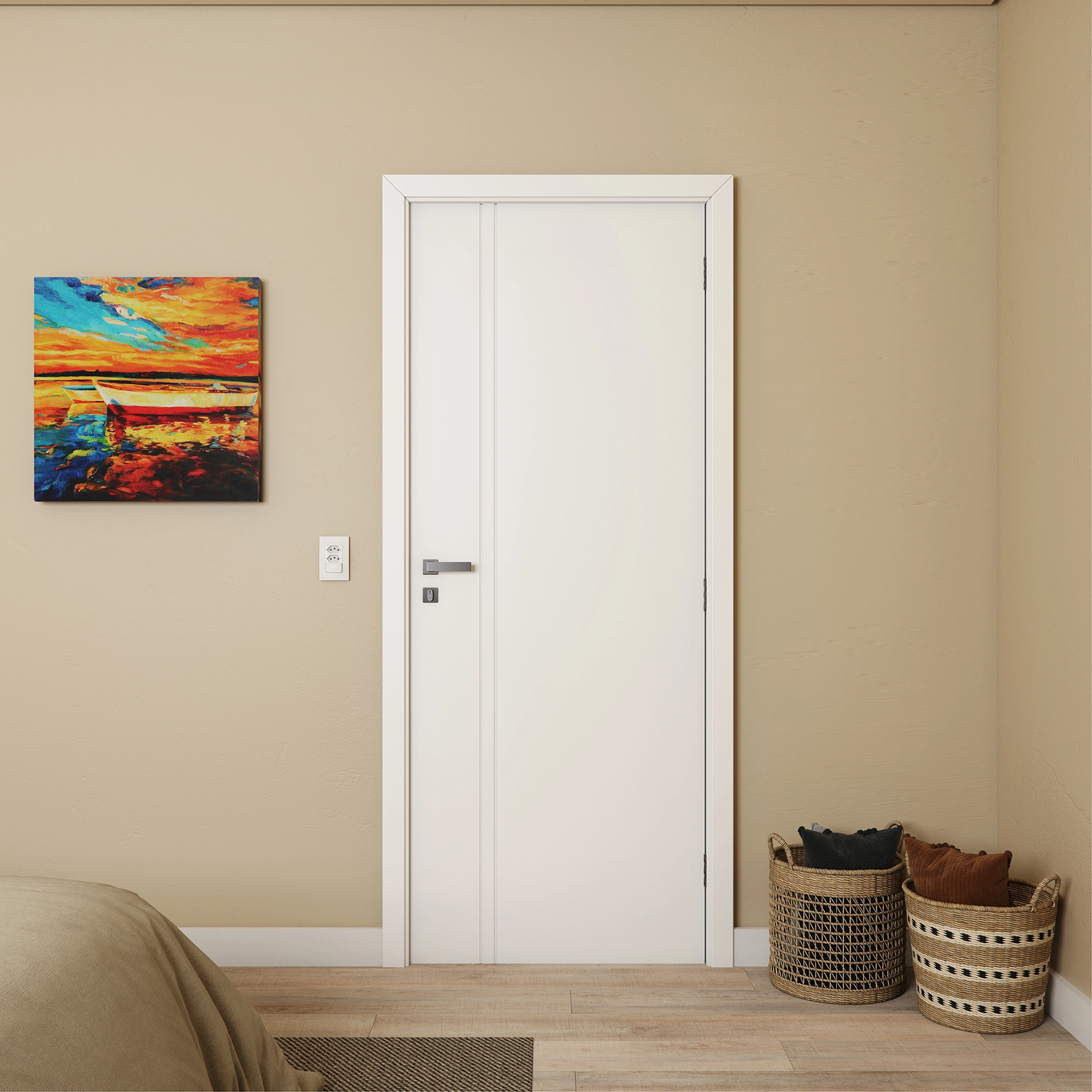 Kit Porta Madeira de Giro Direito|Esquerdo Branco 210x90cm Sarrafeada Batente 13 a 17cm Laca PU Zurique Ipumirim