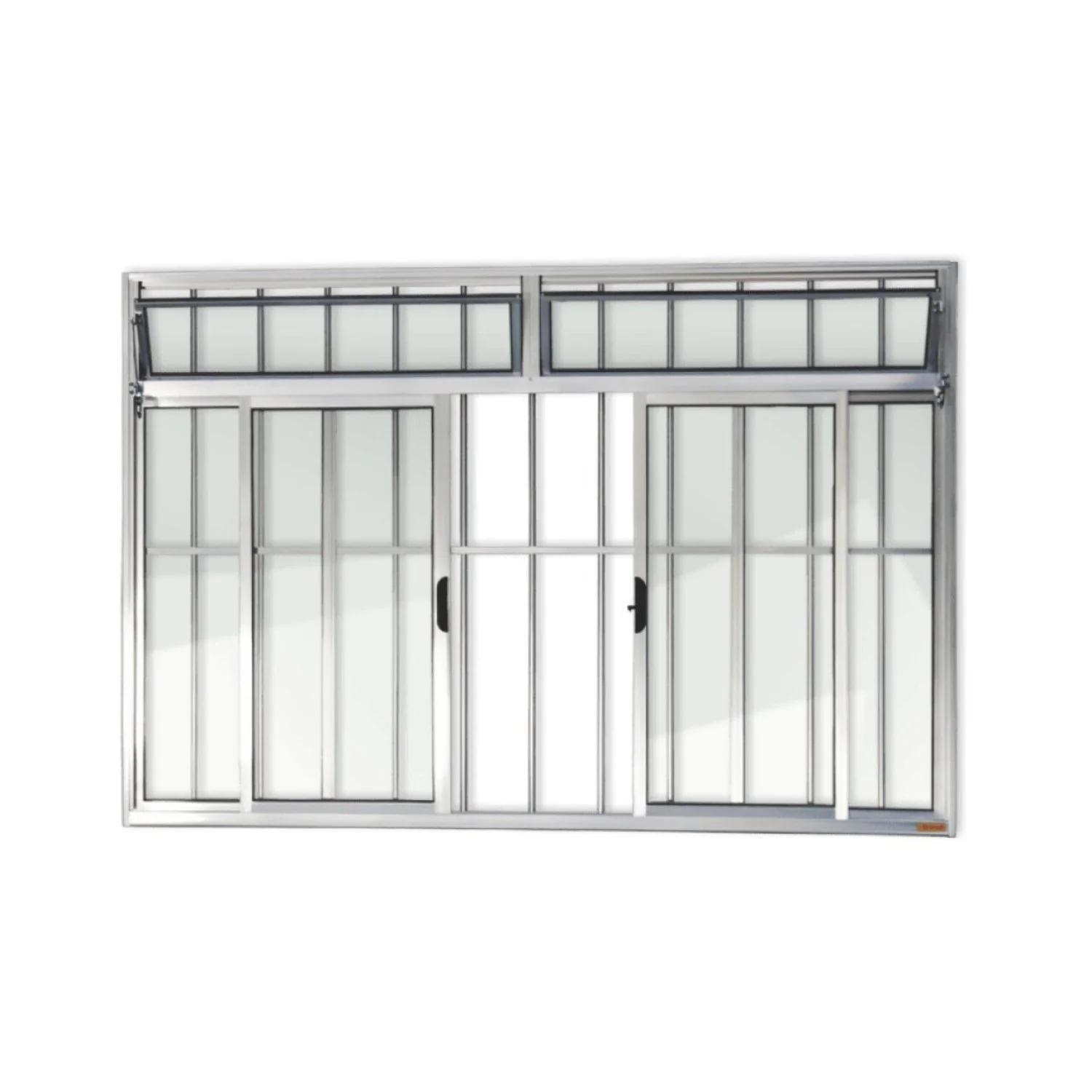 Janela De Aluminio De Correr Com Bandeira 100x150cm 4 Folhas Com Grade Vidro Liso Plus Brimak  Brilhante
