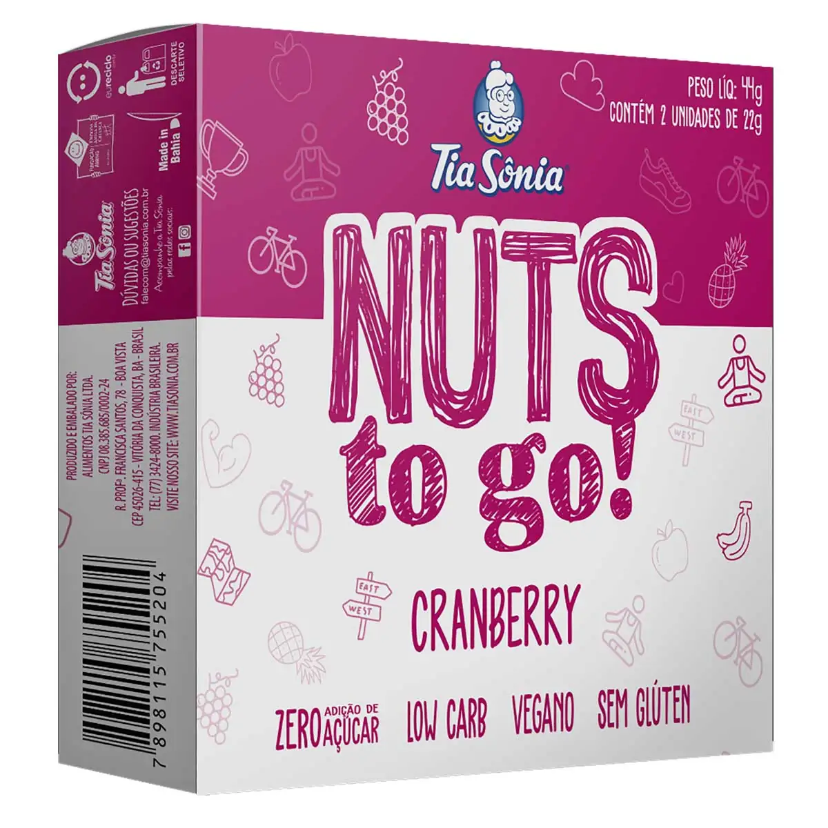 Barra Nuts com Cranberry Tia Sônia 44 g 2 Unidades