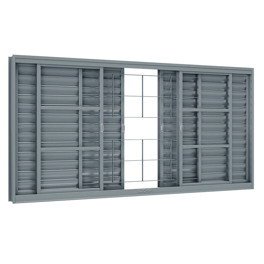 Janela de Aço Veneziana 6 Folhas 100x200cm com Grade Premium Lucasa Ullian Cinza