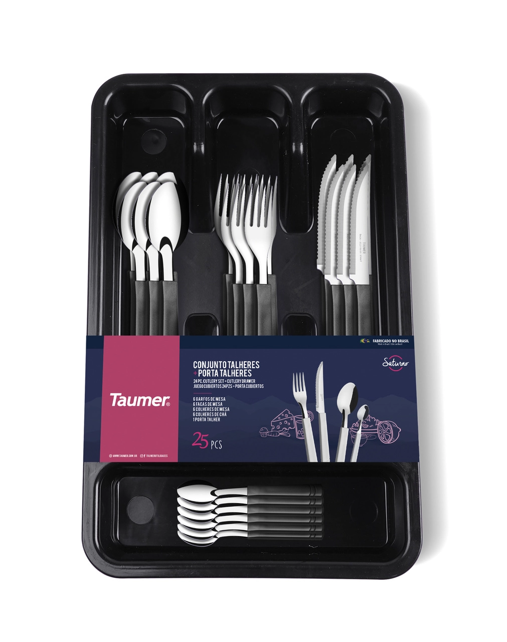 Conjunto De Talheres Taumer Saturno Preto C/24 Mais Porta Talheres