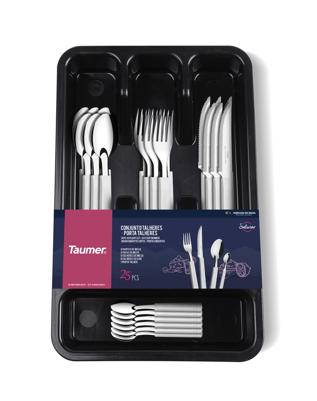 Conjunto De Talheres Taumer Saturno Branco C/24 Mais Porta Talheres