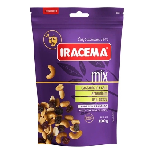 Mix De Castanha De Caju, Amêndoa, Amendoim E Uva Passa Torrado E Salgado Iracema Pouch 100g