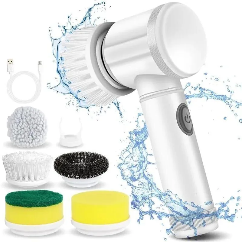 Escova Elétrica Giratória 5 Em 1 Sem Fio Limpeza Completa E Portátil Para Casa E Carro Branco