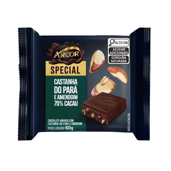 Chocolate Amargo 70 Cacau Com Castanha Do Pará E Amendoim Arcor Special Caixa 720g 12 Unidades