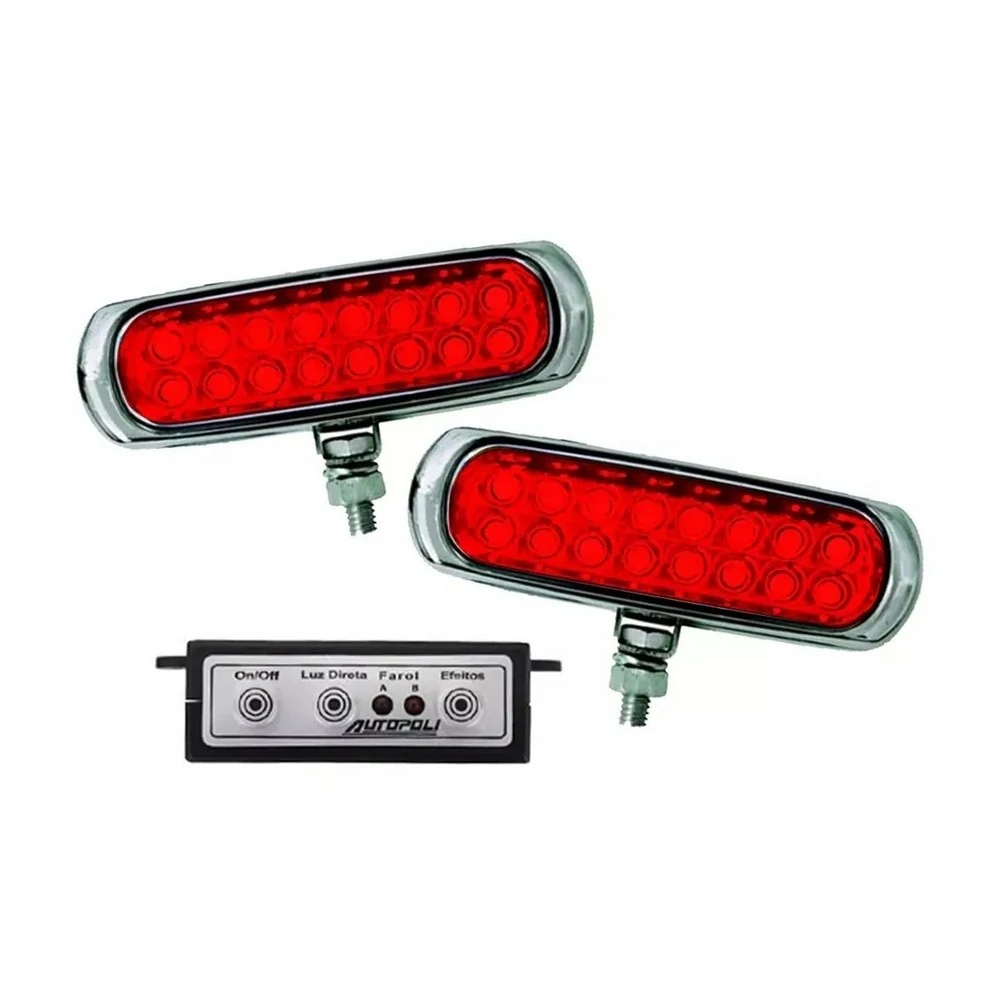 Farol Auxiliar Estrobo Corpo Cromado Retangular Vermelho - AUTOPOLI AP957