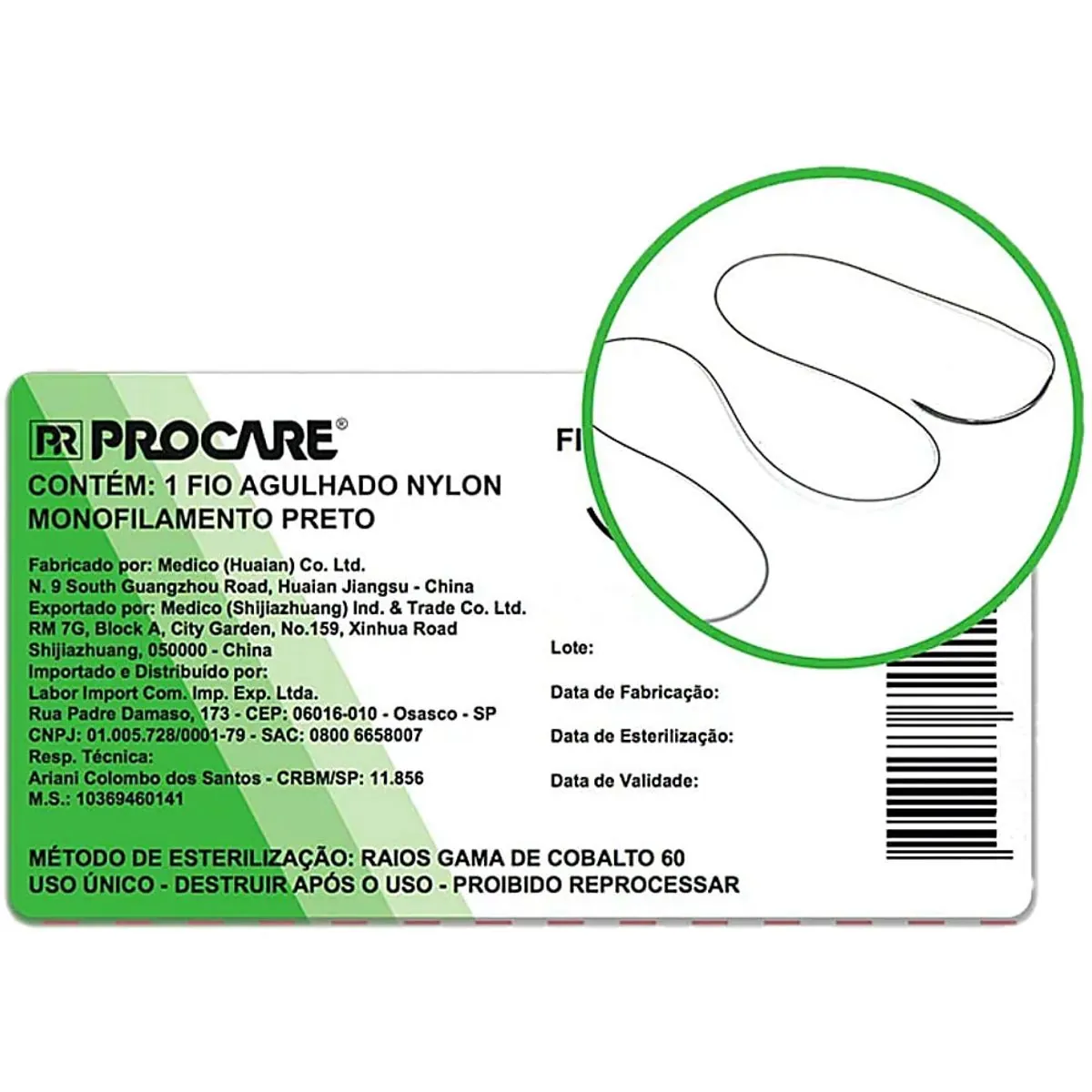 Fio de Sutura Procare - Preto Agulhado - Nylon 0 - 20mm - 3/8