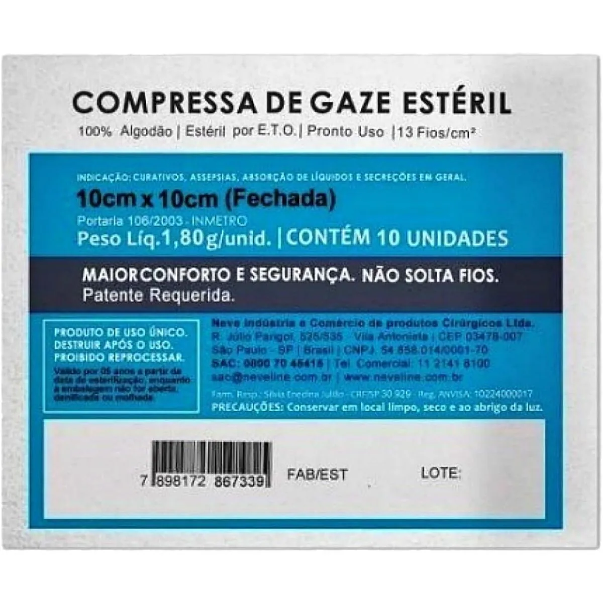 Compressa De Gaze Neve - 13 Fios - 10X10Cm - Estéril - 10 Unidades