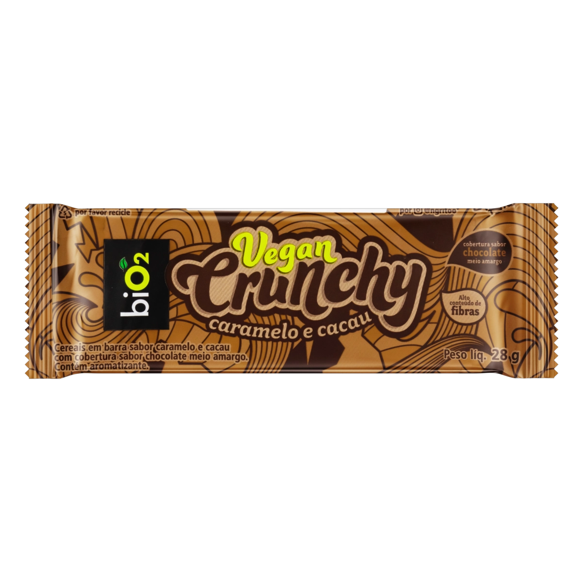 Barra de Cereal Caramelo e Cacau Cobertura Chocolate Meio Amargo biO2 Vegan Crunchy Pacote 28g