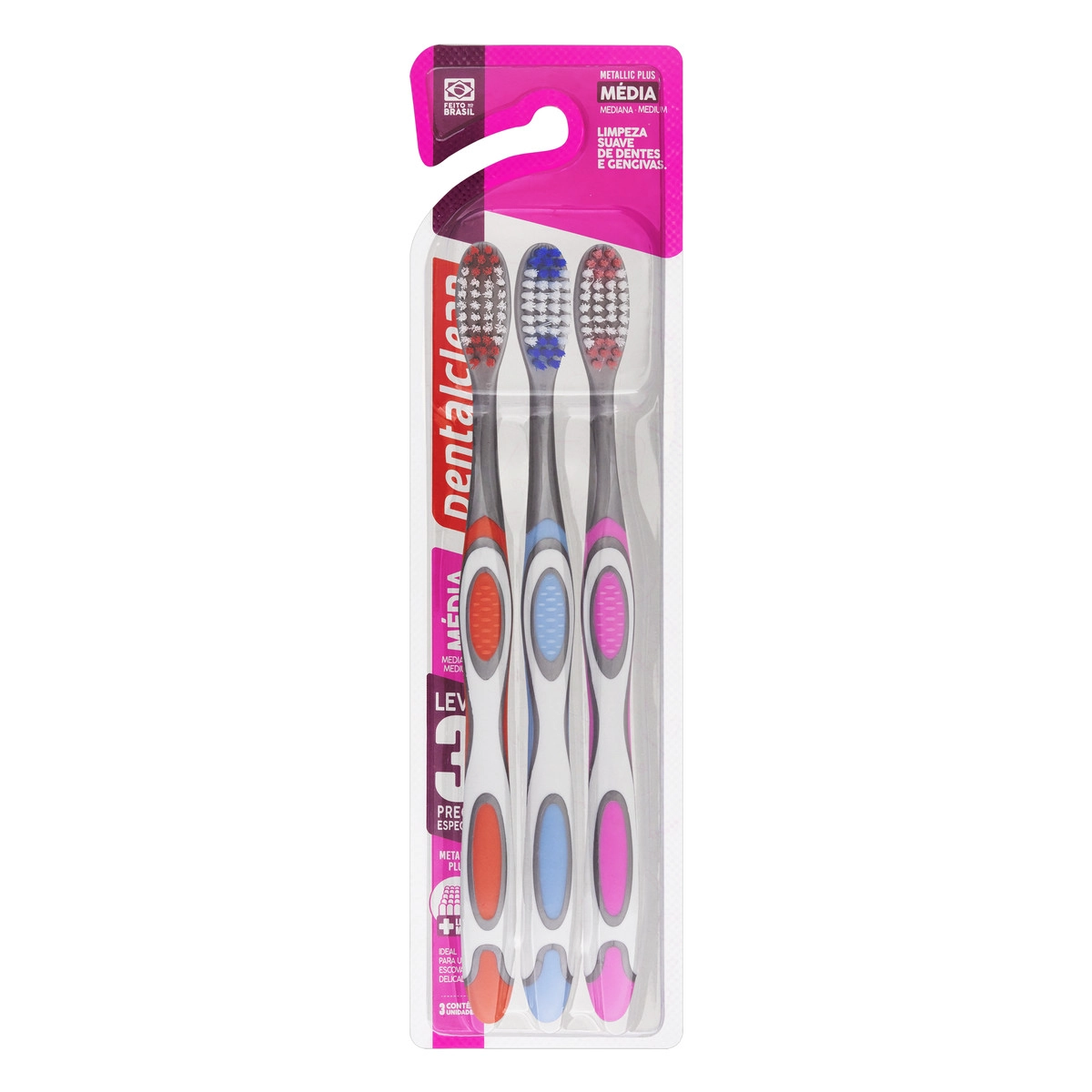 Kit 3 Escovas Dentais Médias Dentalclean Metallic Plus Grátis 3 Sachês De Géis Dentais Com Flúor Reg