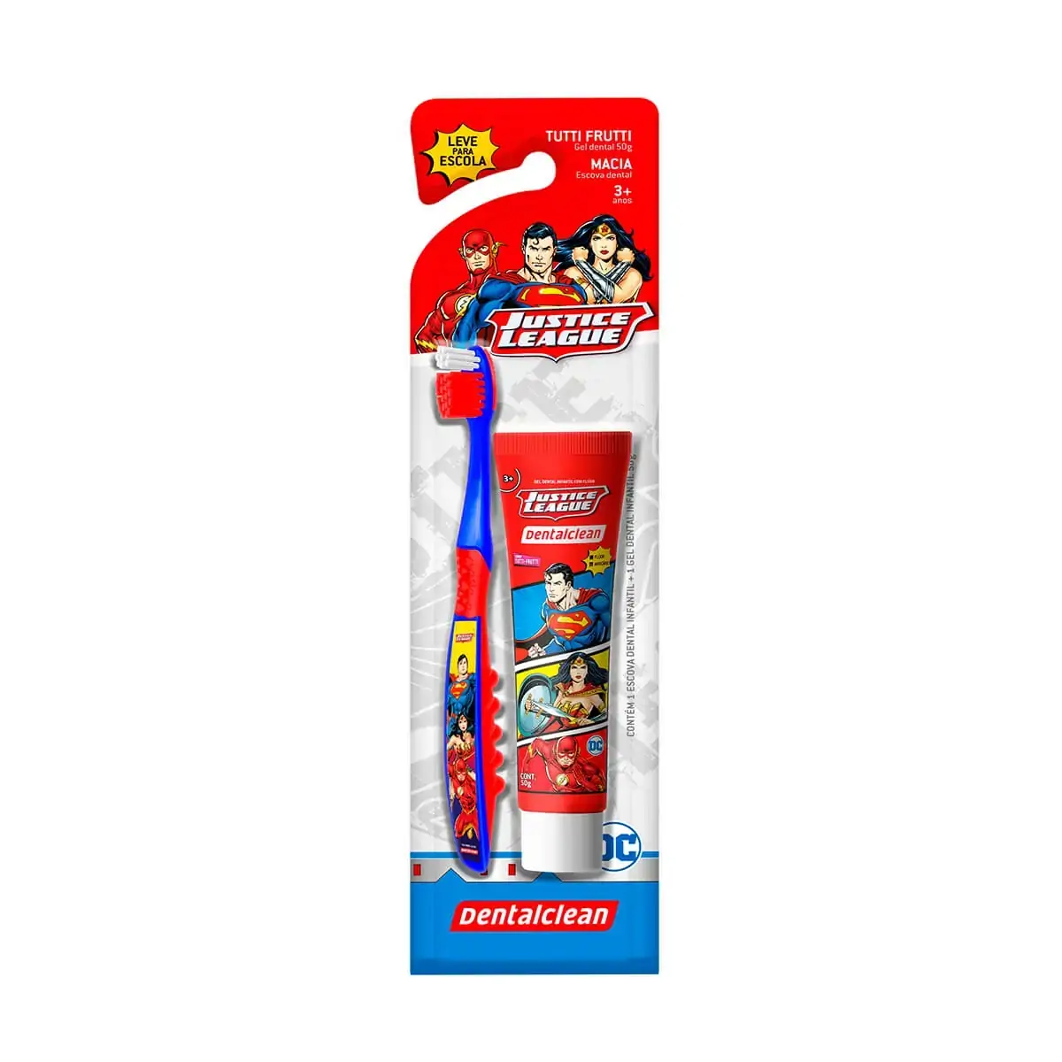 Kit Escova Dental Macia Gel Dental Com Flúor Tutti Frutti 50g Infantil Justice League Dentalclean