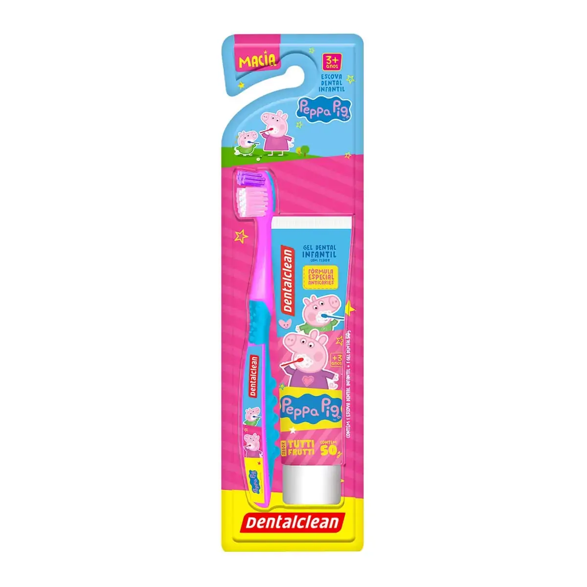 Kit Escova Macia Gel Dental Com Flúor Tutti Frutti 50g Infantil Peppa Pig Dentalclean