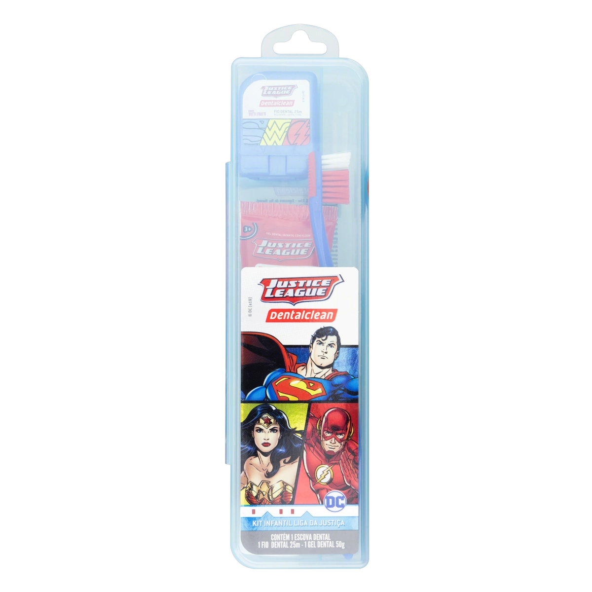 Kit Escova Dental Fio Dental 25m Gel Dental Infantil Com Flúor Tutti Frutti 50g Justice League Denta