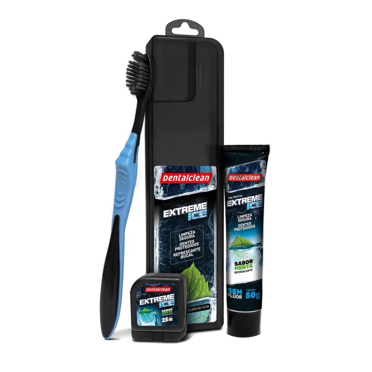 Kit Escova Dental Fio Dental 25m Gel Dental Com Flúor Menta Refrescante 50g Dentalclean Extreme Ice